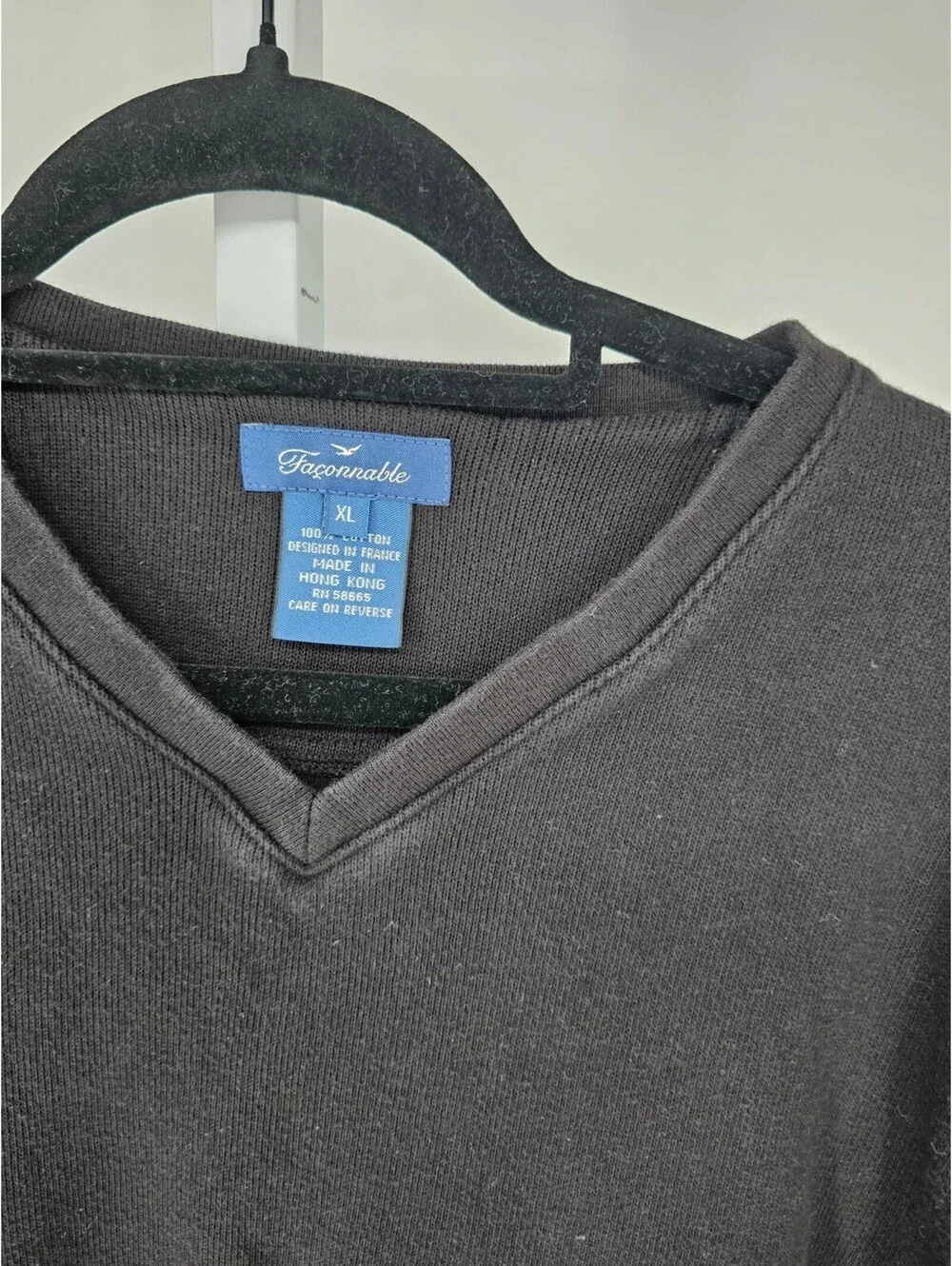 Vtg Faconable Mens Sz XL V Neck Sweater Solid Black Cotton